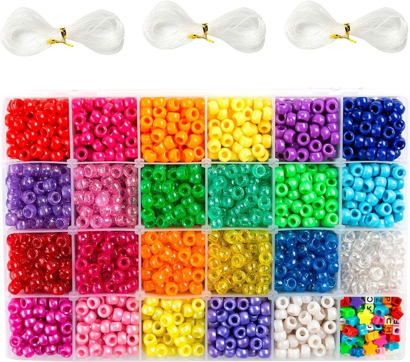 INSCRAFT Pony Beads 3300 pcs 9mm Pony Beads Set in 23 Colors with Letter Beads Star Beads and Elastic String for Bracelet Jewelry Making