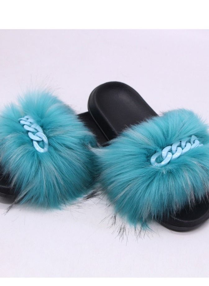 Loquat Stylish Women Faux Fur Open Toe Flat Color Chain Slippers 