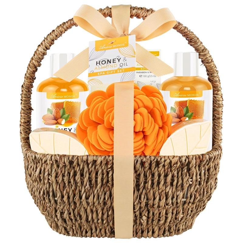 Bath Spa Gift Basket Bath  Body Gift Set for Women  Men Includes Shower Gel Bubble Bath Bath Salt Bath Sponge Spa Gift Box for Mothers Day Birthday Wedding Honey  Almond 8pcs