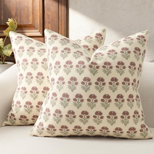 DKwizme Farmhouse Floral Pillow Covers 18x18 Set of 2, Country Botanical Throw Pillow Cover for Sofa Couch Bed Living Room, Rustic Vintage Flower Cushion Covers Cottage Home Decor,Rust Meadow - Image 1