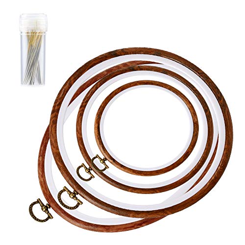 JUPEAN 4 Pack Embroidery Hoop Ring, Imitated Wood Display Frame Circle and Oval Embroidery Kits with 30 Pieces Large Eye Embroidery Needles, Quilting Hoop and Cross Stitch Supplies for Sewing and Wall Hang - Image 1