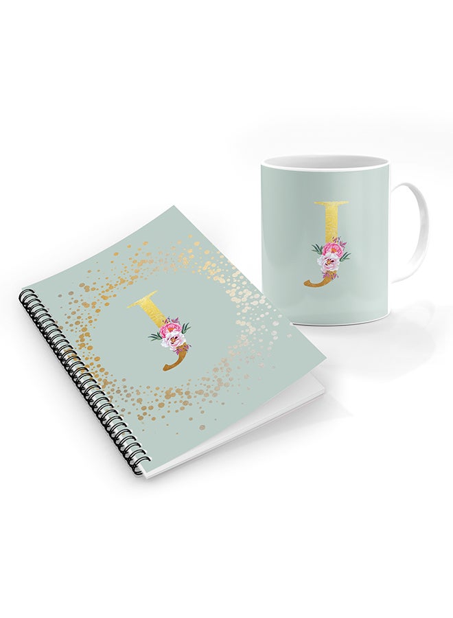 Stylizedd Printed Coffee Mug + A5 Spiral Notebook Memo Personalised Combo Gift Set -Custom Monogram Initial Letter Floral Pattern Alphabet - J  ( Light Green )