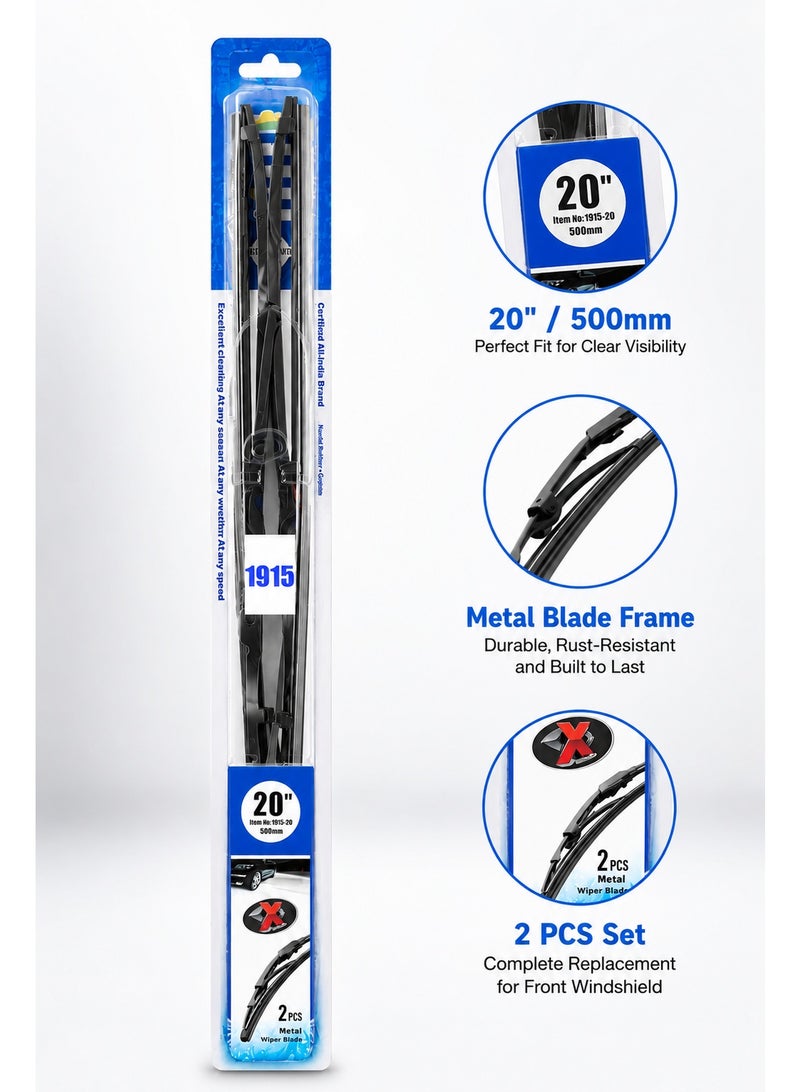 Wiper Blades 20 Inch 2PCS Set, 500mm Metal Windshield Wiper Blades with Rubber Edge for Clear Visibility, All-Season Car Front Window Replacement - Image 3