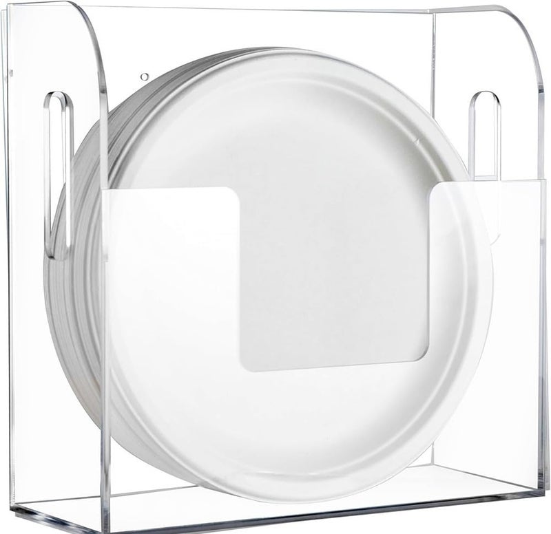 Best Media Acrylic Paper Plate Dispenser Wall Mounted, Paper Plate Organizer in Cabinet, Disposable Plate Storage Holder for Kitchen Countertop, Clear