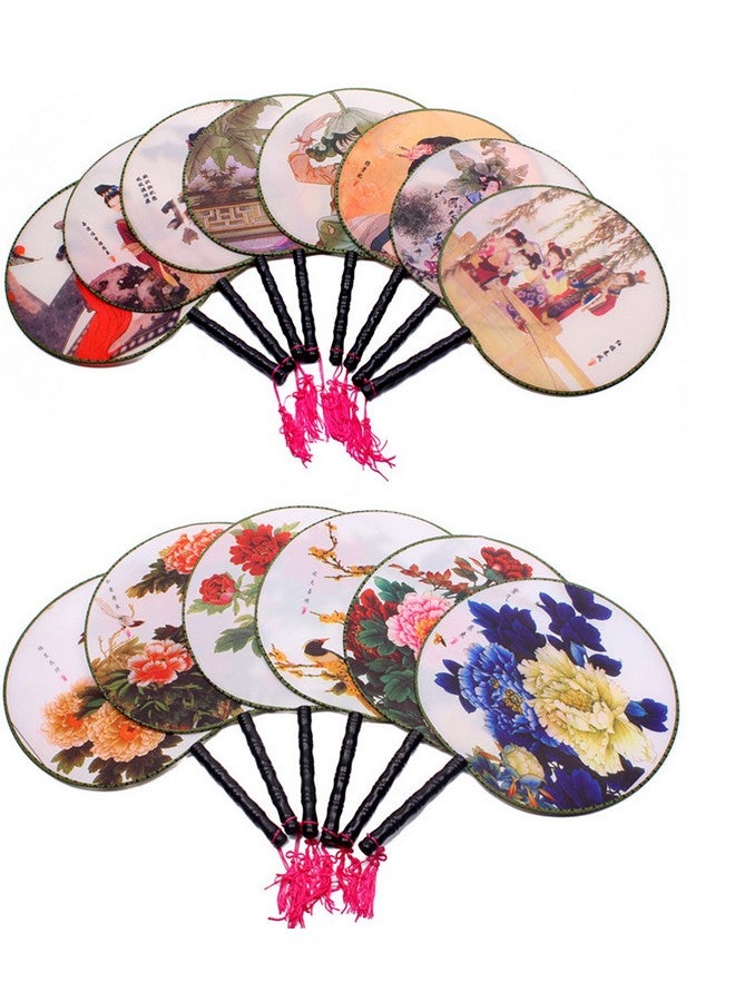فوداتم مجموعة فوداتم من 4 مراوح يدوية صينية قديمة مستديرة، مروحة يدوية كلاسيكية على شكل قصر - Image 2