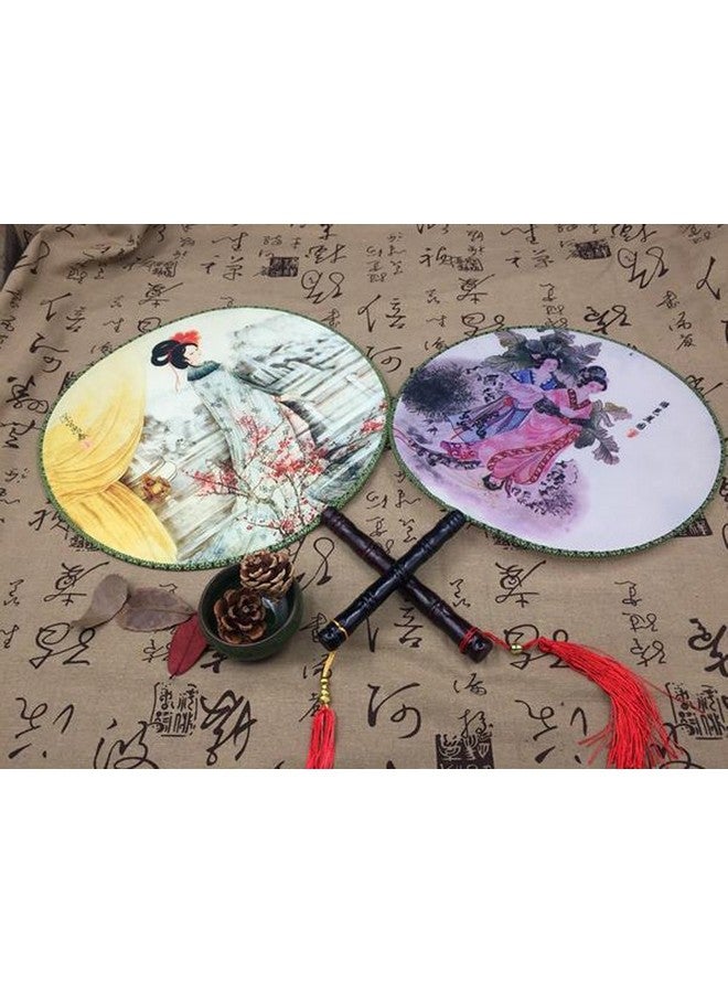 فوداتم مجموعة فوداتم من 4 مراوح يدوية صينية قديمة مستديرة، مروحة يدوية كلاسيكية على شكل قصر - Image 3