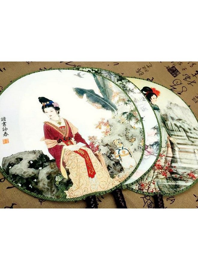 فوداتم مجموعة فوداتم من 4 مراوح يدوية صينية قديمة مستديرة، مروحة يدوية كلاسيكية على شكل قصر - Image 4