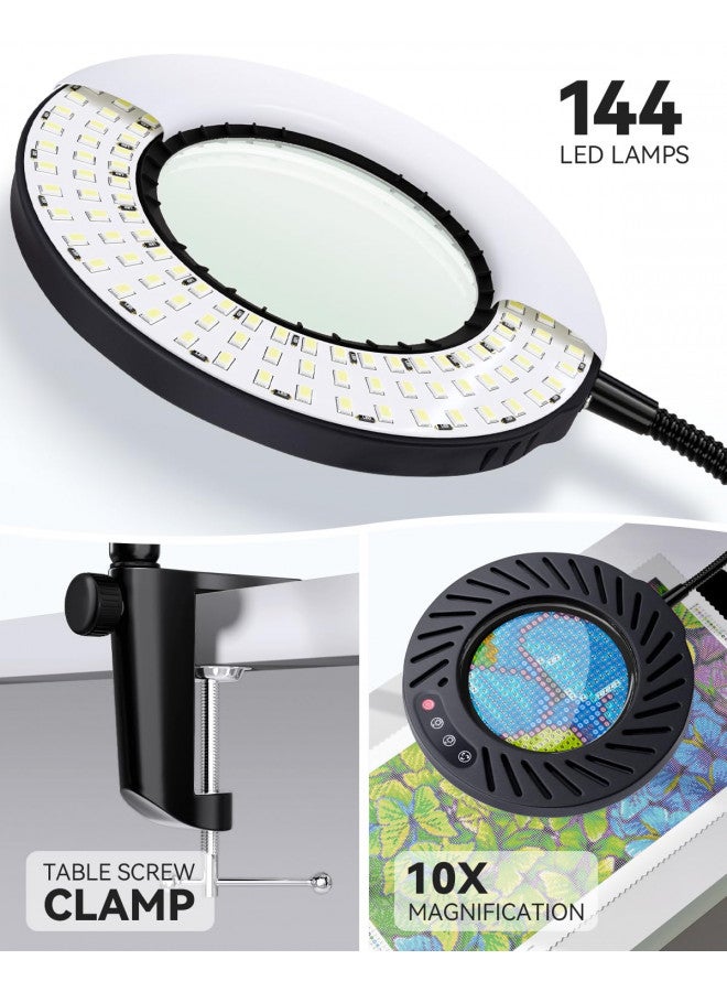 ARTDOT 10X Magnifying Glass with Light and Stand, 144 LEDs Desk Lamp with 5 Color Temperatures and 9 Levels Adjustable Brightness for Diamond Painting Accessories Crafts Reading Hobbies Close Work - Image 1