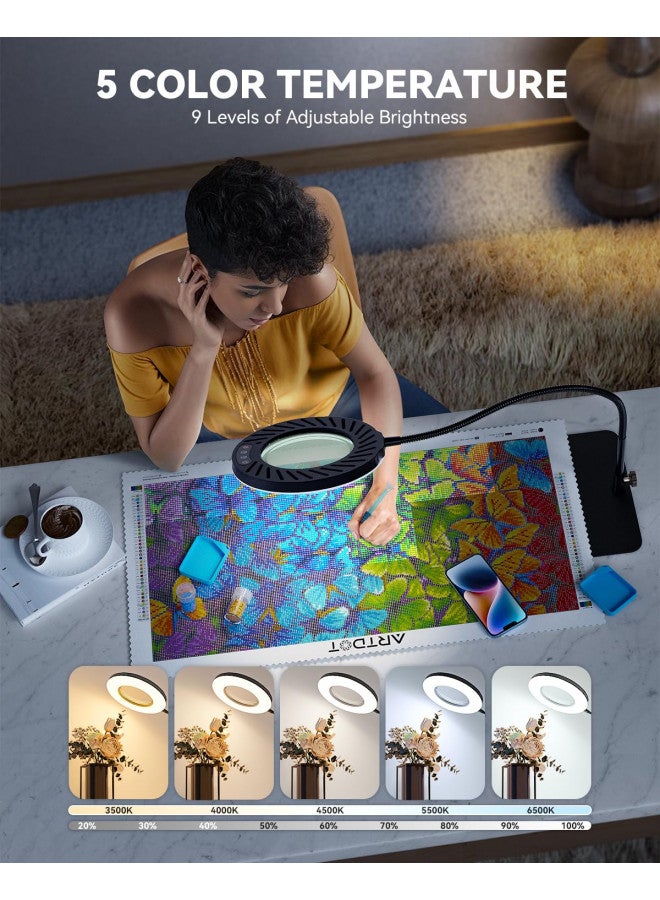 ARTDOT 10X Magnifying Glass with Light and Stand, 144 LEDs Desk Lamp with 5 Color Temperatures and 9 Levels Adjustable Brightness for Diamond Painting Accessories Crafts Reading Hobbies Close Work - Image 3