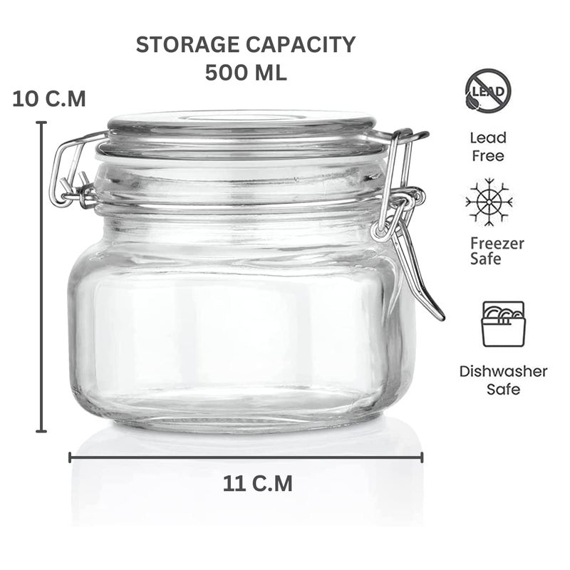 Voix Airtight Square Glass Canister Kitchen Storage Jar Container With Clip Lock For Storing HoneyPickleCoffee Beans 500 Ml Pack Of 6 Clear - Image 2