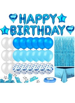 Blue Birthday Party Decoration, Happy Birthday Banner, Sky-Blue Fringe Curtain, Heart Star Foil Confetti Balloons, Foil Tablecloth,10g Table Confetti for Girl Boy Kids Men Women Adults