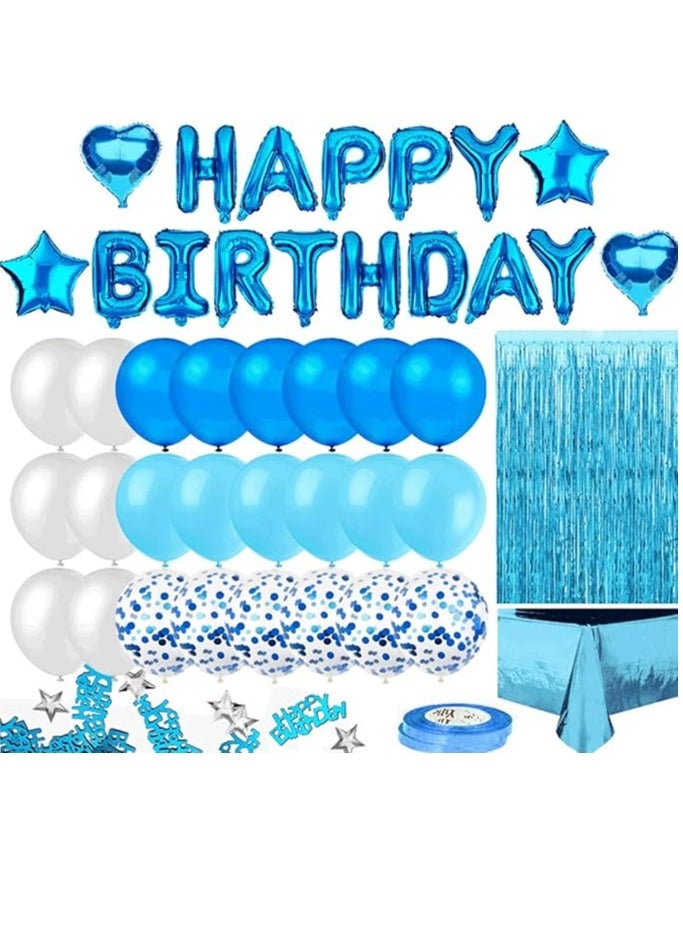 Generic - Blue Birthday Party Decoration, Happy Birthday Banner, Sky-Blue Fringe Curtain, Heart Star Foil Confetti Balloons, Foil Tablecloth,10g Table Confetti for Girl Boy Kids Men Women Adults - Image 1