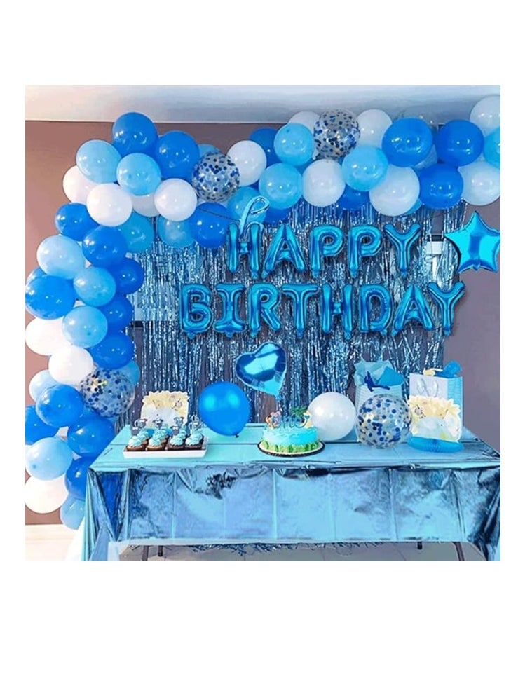 Generic - Blue Birthday Party Decoration, Happy Birthday Banner, Sky-Blue Fringe Curtain, Heart Star Foil Confetti Balloons, Foil Tablecloth,10g Table Confetti for Girl Boy Kids Men Women Adults - Image 1