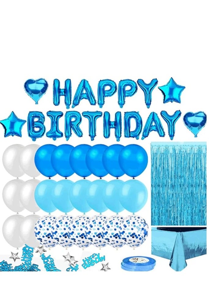 Generic - Blue Birthday Party Decoration, Happy Birthday Banner, Sky-Blue Fringe Curtain, Heart Star Foil Confetti Balloons, Foil Tablecloth,10g Table Confetti for Girl Boy Kids Men Women Adults - Image 1
