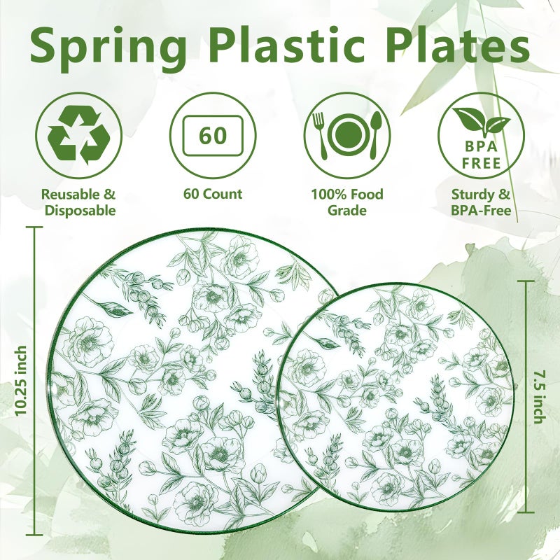 Joyido 60PCS Green Floral Plastic Plates - Elegant Floral Disposable Plates - Heavy Duty Decorative Plate Sets Include 30 Dinner & 30 Dessert Plate for Wedding & Party & Spring - Image 2
