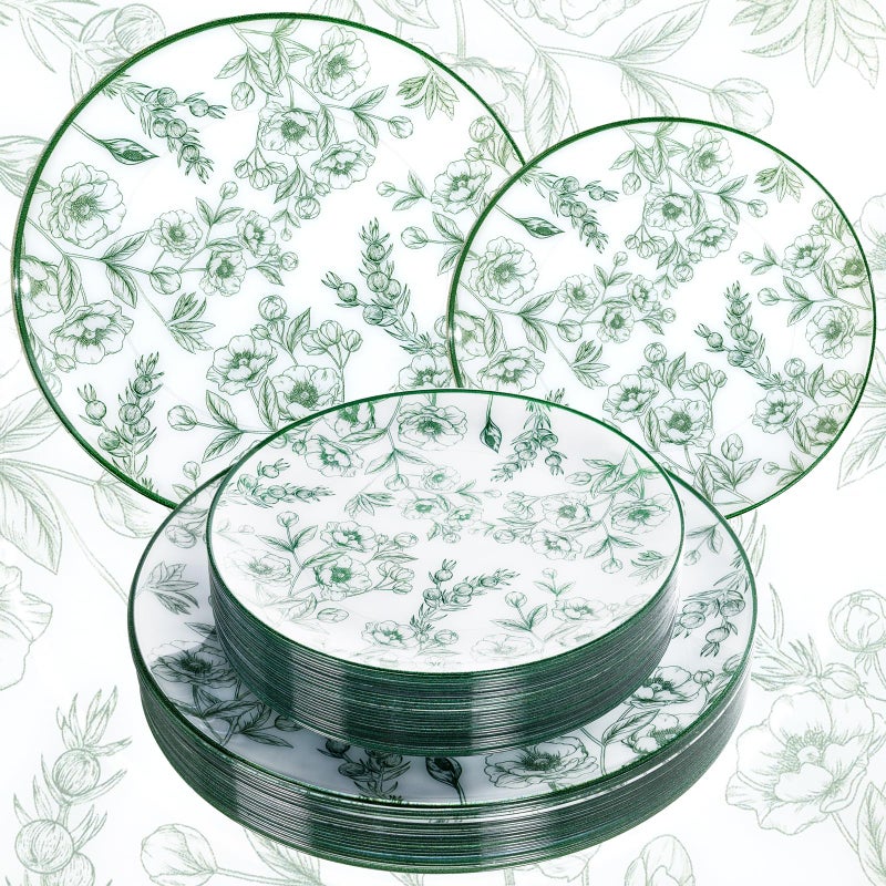 Joyido 60PCS Green Floral Plastic Plates - Elegant Floral Disposable Plates - Heavy Duty Decorative Plate Sets Include 30 Dinner & 30 Dessert Plate for Wedding & Party & Spring - Image 1