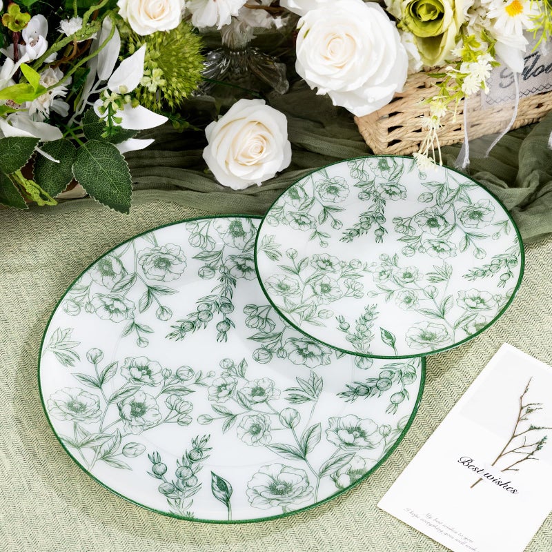 Joyido 60PCS Green Floral Plastic Plates - Elegant Floral Disposable Plates - Heavy Duty Decorative Plate Sets Include 30 Dinner & 30 Dessert Plate for Wedding & Party & Spring - Image 4