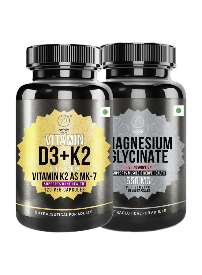 noble nature Vitamin D3 + K2, 2 in 1 Formula, Vitamin K2 as MK7, Supports Bone Health - 120 Veg Capsules & Magnesium Glycinate High Absorption 550MG 120 Veg Capsules Bundle - Image 1