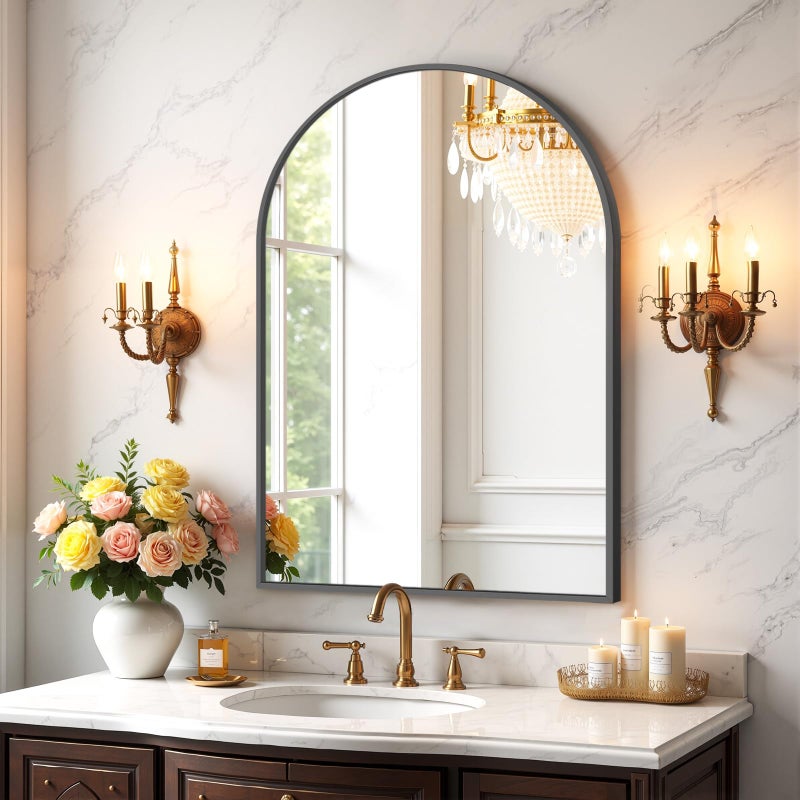 Atilioo Bathroom Mirror for Wall, 30x20 Inch Arched Mirror, Matte Black Metal Framed Bathroom Vanity Mirror for Restroom Farmhouse, Anti-Rust, Tempered Glass, Hanging or Leaning - Image 1