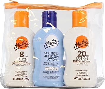 Malibu أساسيات السفر من ماليبو صن مع حماية من الشمس متوسطة ومنخفضة وكريم بعد الشمس المهدئ مقاوم للماء SPF 8 و 20 عبوة متعددة 3 × 100 مل - Image 1