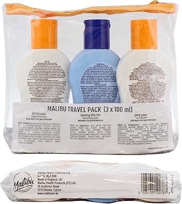 Malibu أساسيات السفر من ماليبو صن مع حماية من الشمس متوسطة ومنخفضة وكريم بعد الشمس المهدئ مقاوم للماء SPF 8 و 20 عبوة متعددة 3 × 100 مل - Image 2