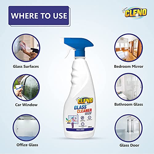 Cleno Glass Cleaner Spray Cleans Tabletops/Mirrors/Glass-Windows/Fridge/Oven/Kitchen Cabinets/Furniture/Car Windows- 450ml (Ready to Use) - Image 2