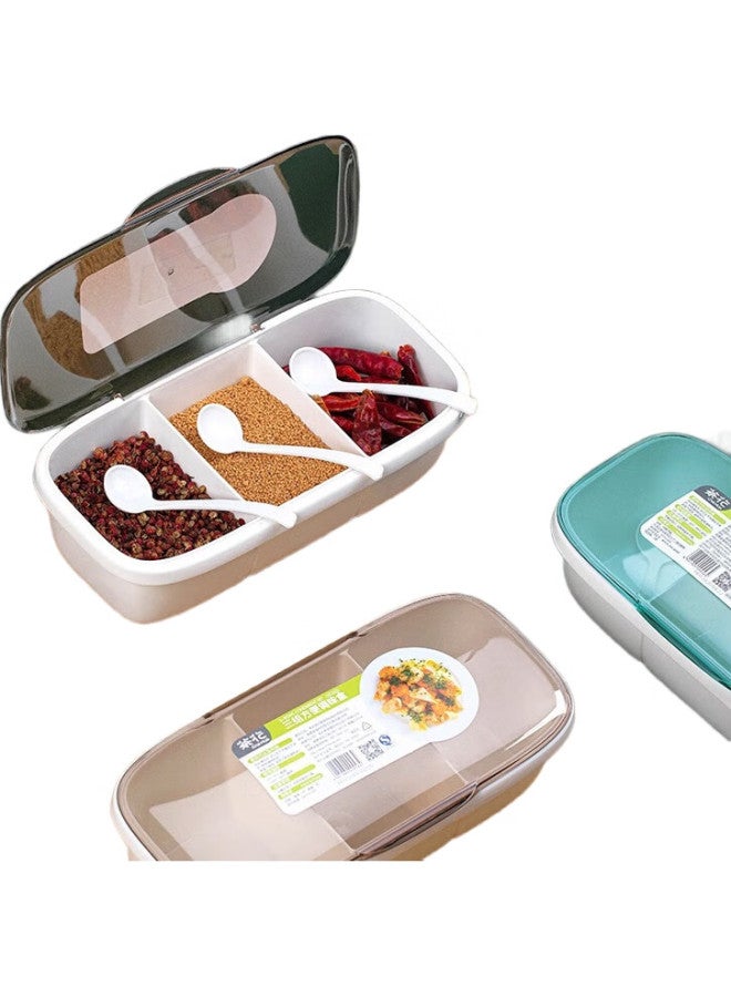 CHAHUA Salt And Spice Container, Plastic Kitchen Seasoning Box, Condiment Jar, Storage Spice Container, Three-Compartment Integrated Flip-Lid With Small Spoon - Image 1