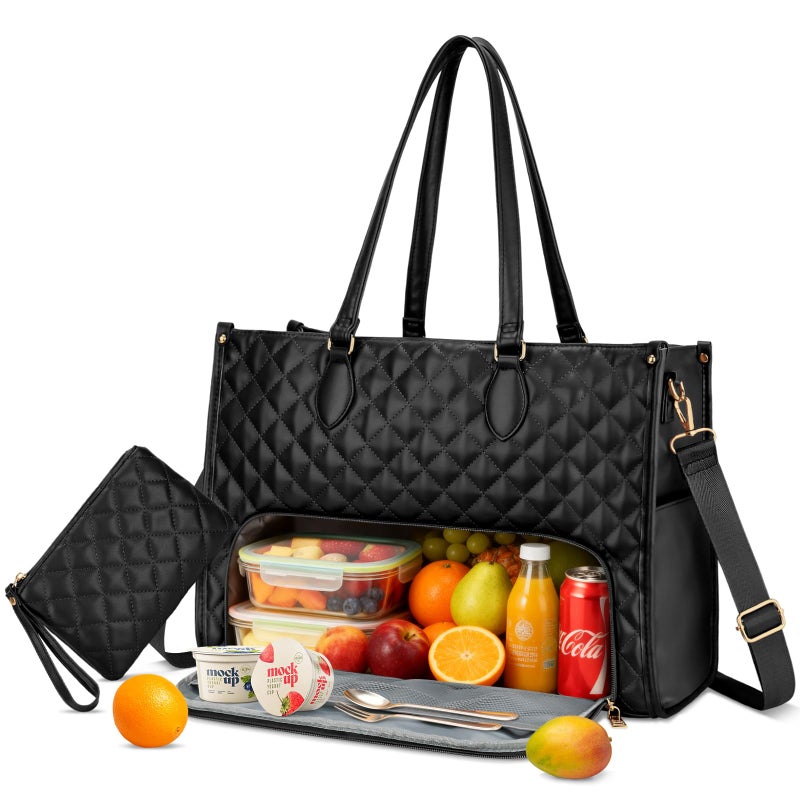 KKXIU Updated 2-in-1 Insulated Lunch Bag & 15.6 Inch Laptop Tote for Women, Large Capacity Thermal Meal Bag with Padded Laptop Compartment, Quilted Work Bag for Office, Teacher, Commuter (Black) - Image 1