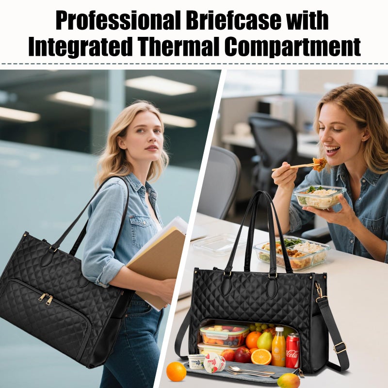 KKXIU Updated 2-in-1 Insulated Lunch Bag & 15.6 Inch Laptop Tote for Women, Large Capacity Thermal Meal Bag with Padded Laptop Compartment, Quilted Work Bag for Office, Teacher, Commuter (Black) - Image 3