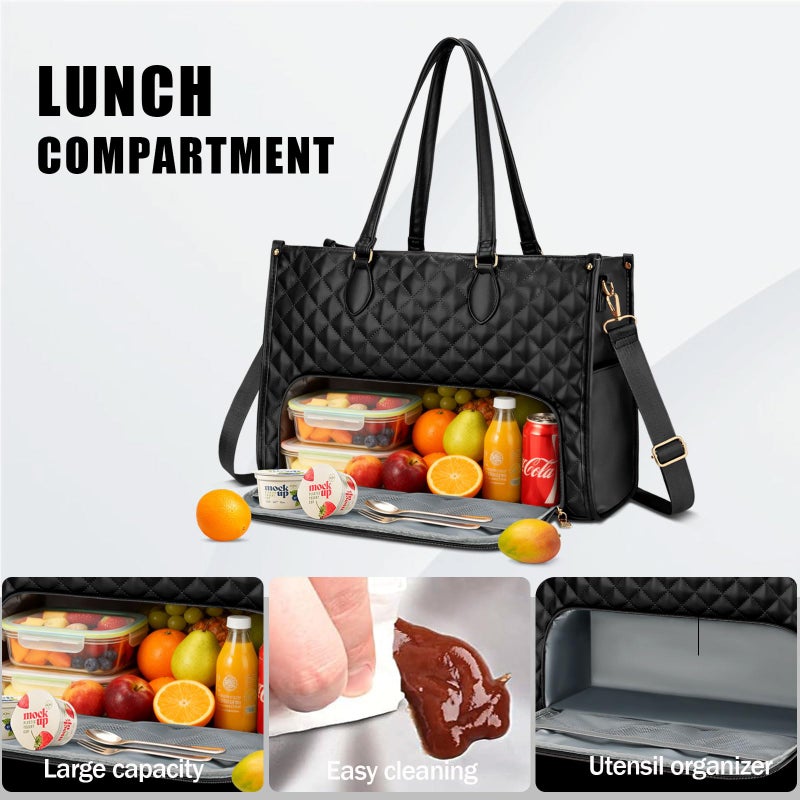 KKXIU Updated 2-in-1 Insulated Lunch Bag & 15.6 Inch Laptop Tote for Women, Large Capacity Thermal Meal Bag with Padded Laptop Compartment, Quilted Work Bag for Office, Teacher, Commuter (Black) - Image 5