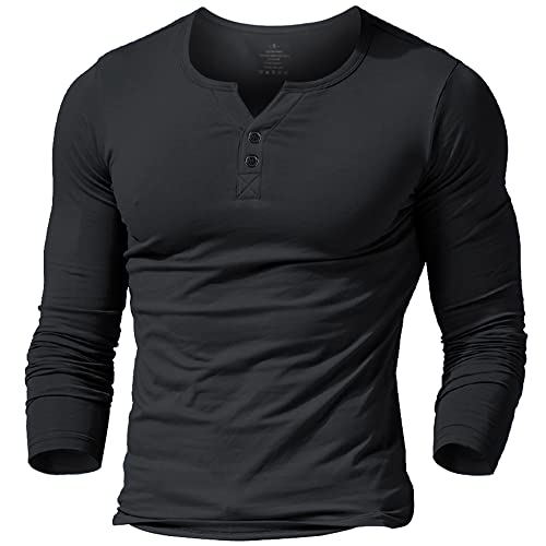 palglg Mens Long Sleeve Muscle Slim Fitted Cotton Henley T-Shirt with Buttons Black L - Image 1