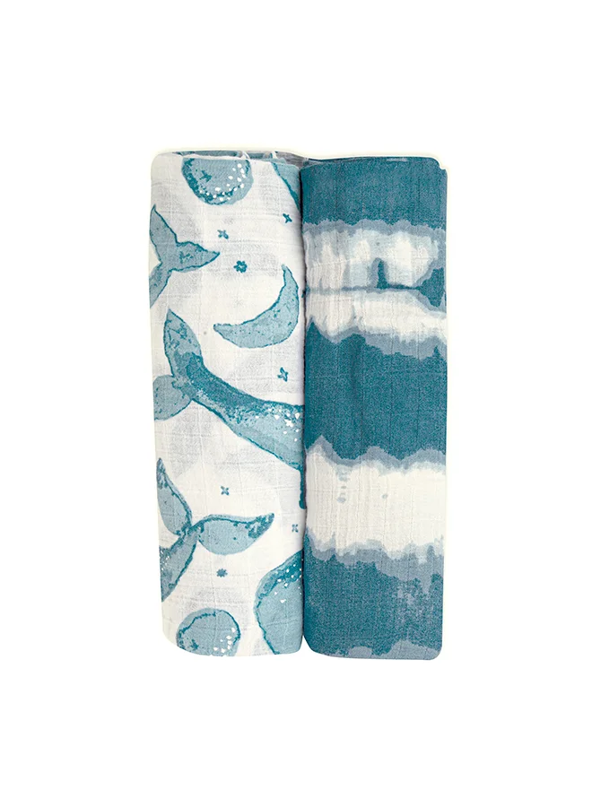 كرين بيبي 2 Piece Soft Muslin Swaddle, Soft Swaddle Wraps For Boys And Girls, Blue Tie - Dye And Whale, 47 Inch X 47 Inch