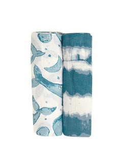 Crane BABY 2 Piece Soft Muslin Swaddle, Soft Swaddle Wraps For Boys And Girls, Blue Tie - Dye And Whale, 47 Inch X 47 Inch  - Image 1