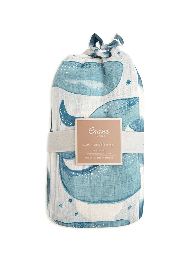 كرين بيبي 2 Piece Soft Muslin Swaddle, Soft Swaddle Wraps For Boys And Girls, Blue Tie - Dye And Whale, 47 Inch X 47 Inch