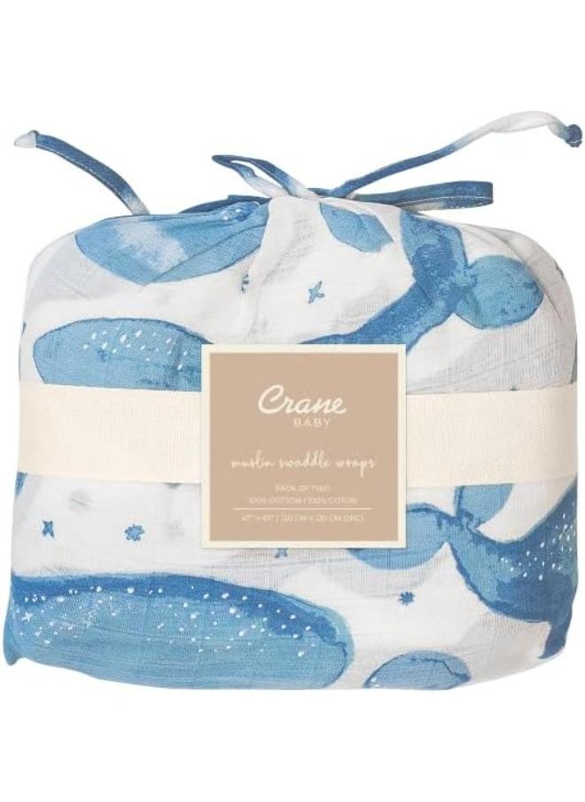 Crane BABY - 2 Piece Soft Muslin Swaddle, Soft Swaddle Wraps For Boys And Girls, Blue Tie - Dye And Whale, 47 Inch X 47 Inch - Image 1