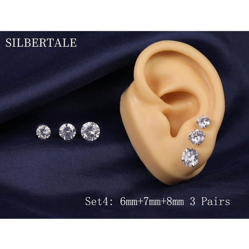 SILBERTALE 3 Pairs 925 Sterling Silver Cubic Zirconia Stud Earrings 6mm-7mm-8mm Set Men Women - Image 2