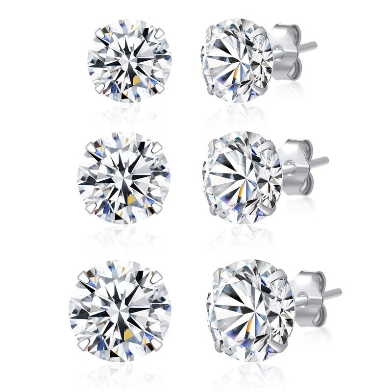 SILBERTALE 3 Pairs 925 Sterling Silver Cubic Zirconia Stud Earrings 6mm-7mm-8mm Set Men Women - Image 1