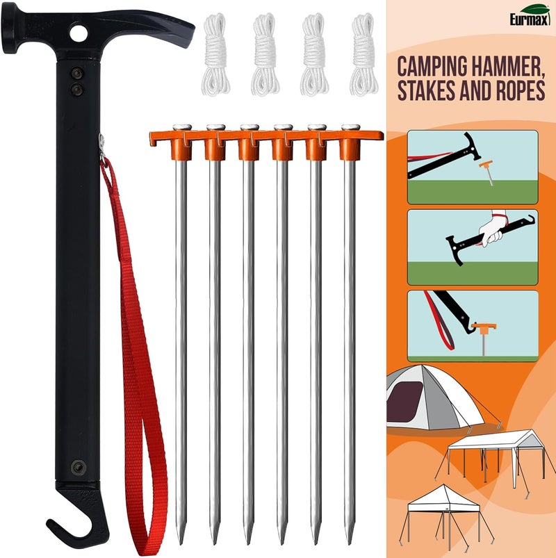Eurmax USA Hiking Camping Tent Stakes and Hammer Set Lightweight Multi-Function Tent Hammer with Tent Stake Remover,Tent Pegs for Camping, Hiking, Backpacking, Gardening(Orange Stopper Stakes) - Image 1