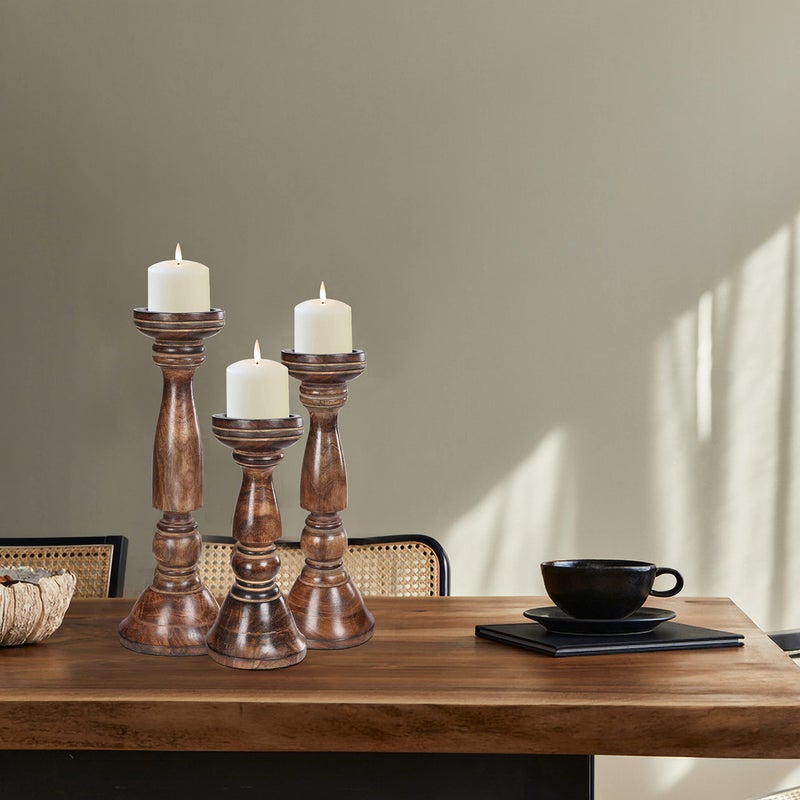 Lightnpro Farmhouse Wooden Pillar Candle Holders Set of 3  Tall Rustic Decorative Wood Candle Stands for Home Decor Centerpieces and Weddings Heights 16 14 12  Natural Burnt