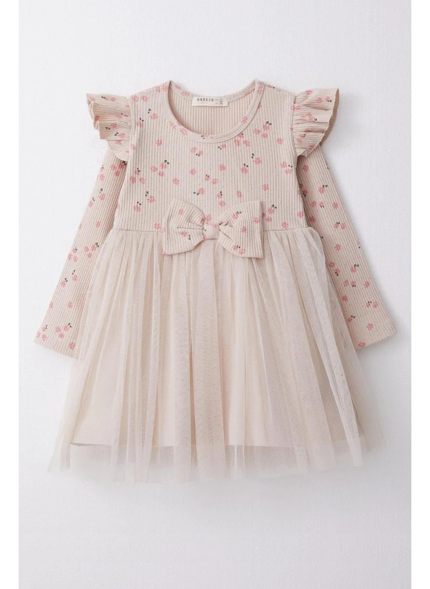 بريز Girl Long Sleeve Dress Floral Bow Tulle 1.5-5 Years, Beige