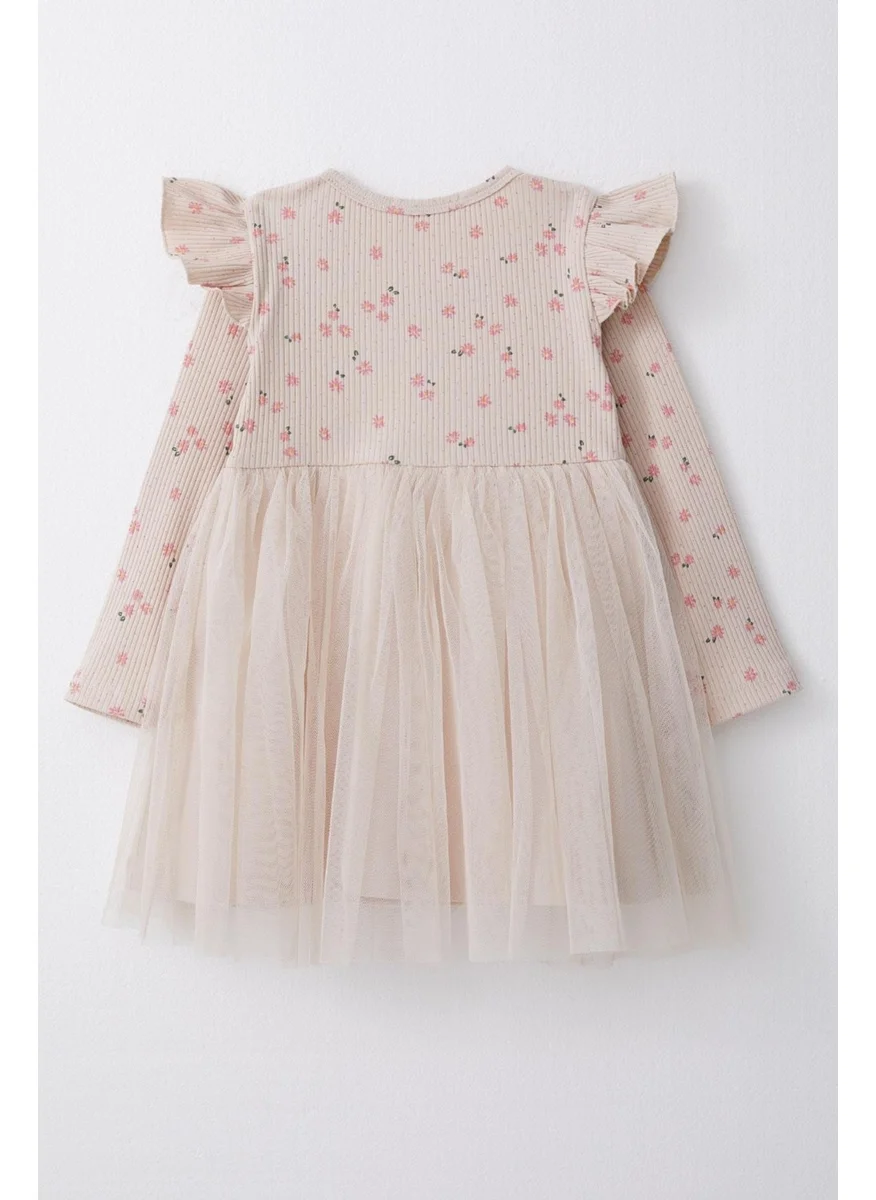 بريز Girl Long Sleeve Dress Floral Bow Tulle 1.5-5 Years, Beige