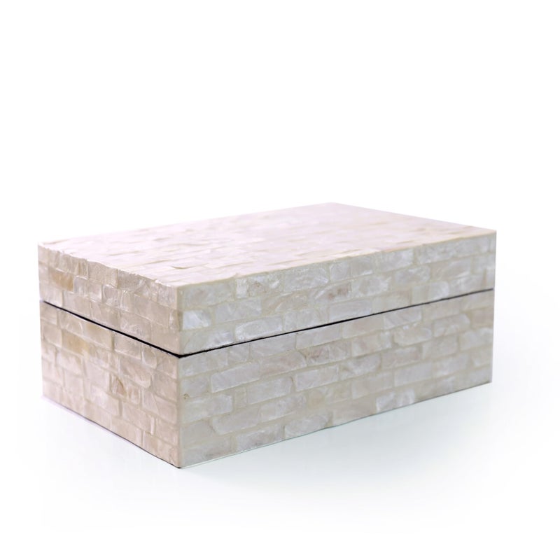 PEMAR Capiz Shell Jewelry Box with Lids Rectangular Keepsake Treasure Chest Shelf Decorative Wooden Nacre Storage Box for Jewelry Tea Bags Coffee Memories Accessories White Sand - Image 2