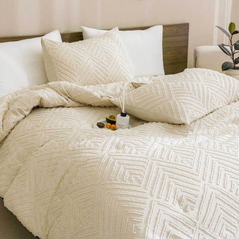 Andency مجموعة Beige Boho الحجم الكامل الحجم مجموعة 3 قطع Chevron معنقدة مزرعة خفيفة الوزن وفراش رقيقة مجموعة سرير Set (79x90in المعزي و 2 وسادة شامز) - Image 4
