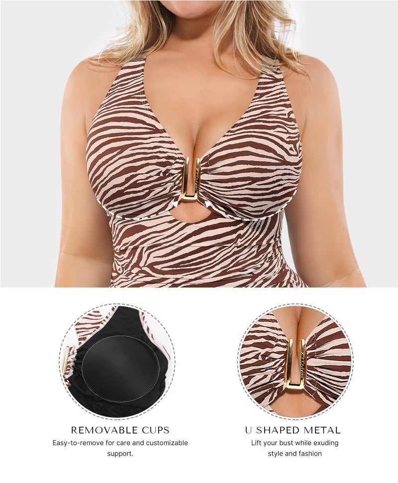 SHAPELLX Tummy Control Swimsuits for Women One Piece V Neck Shapewear Bathing Suit Full Coverage Ruched Swimsuit Brown M - Image 4