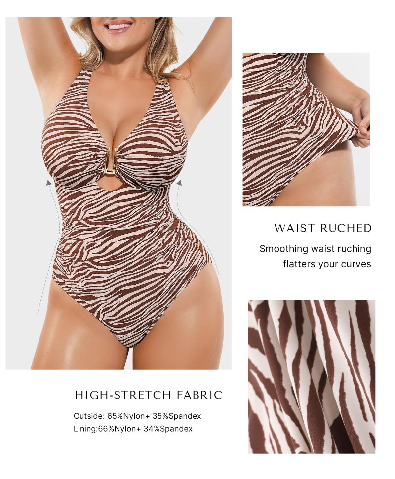 SHAPELLX Tummy Control Swimsuits for Women One Piece V Neck Shapewear Bathing Suit Full Coverage Ruched Swimsuit Brown M - Image 5