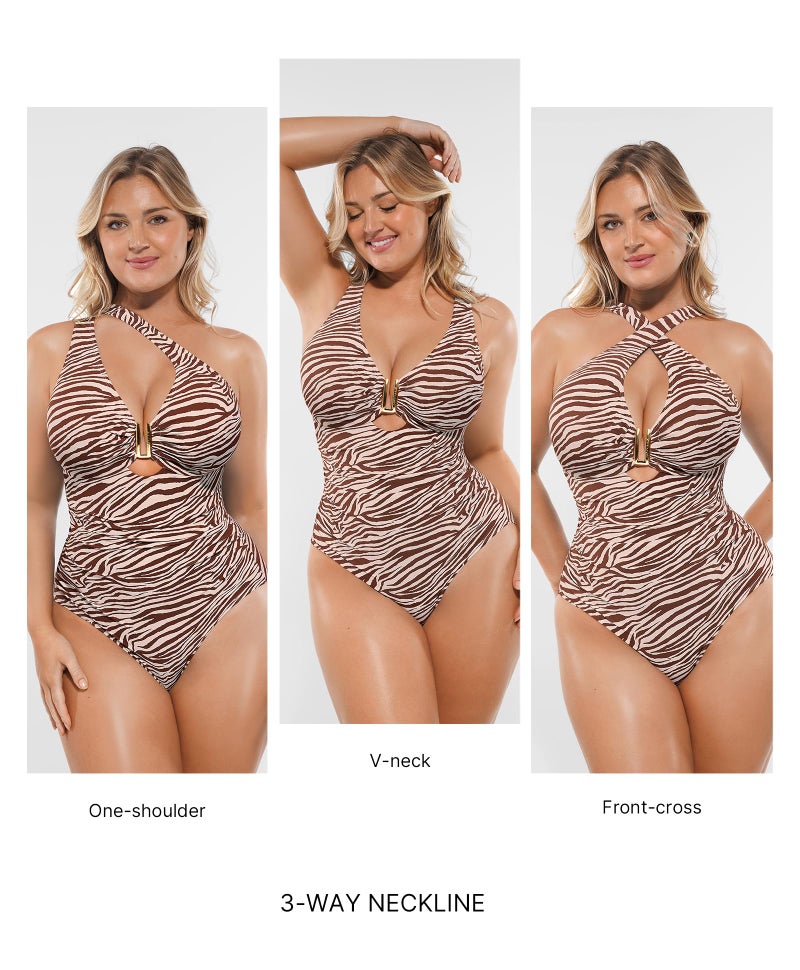 SHAPELLX Tummy Control Swimsuits for Women One Piece V Neck Shapewear Bathing Suit Full Coverage Ruched Swimsuit Brown M - Image 2