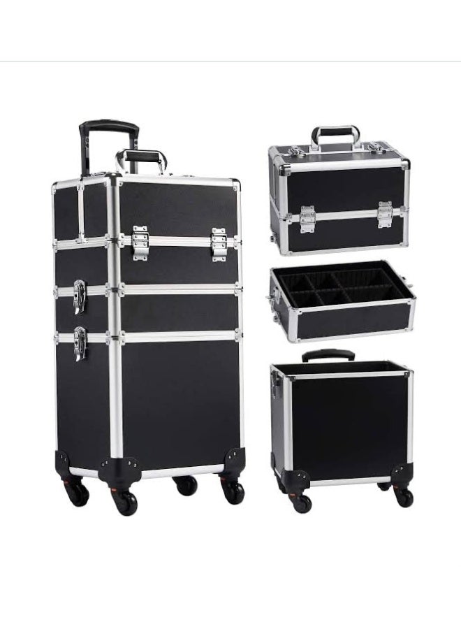 حقيبة مكياج احترافية بعجلات 3 في 1، مساحة تخزين كبيرة لفناني المكياج ومصففي الشعر وفنيي الأظافر (أسود فضي، AIGE-001-3 طبقات) - Image 1