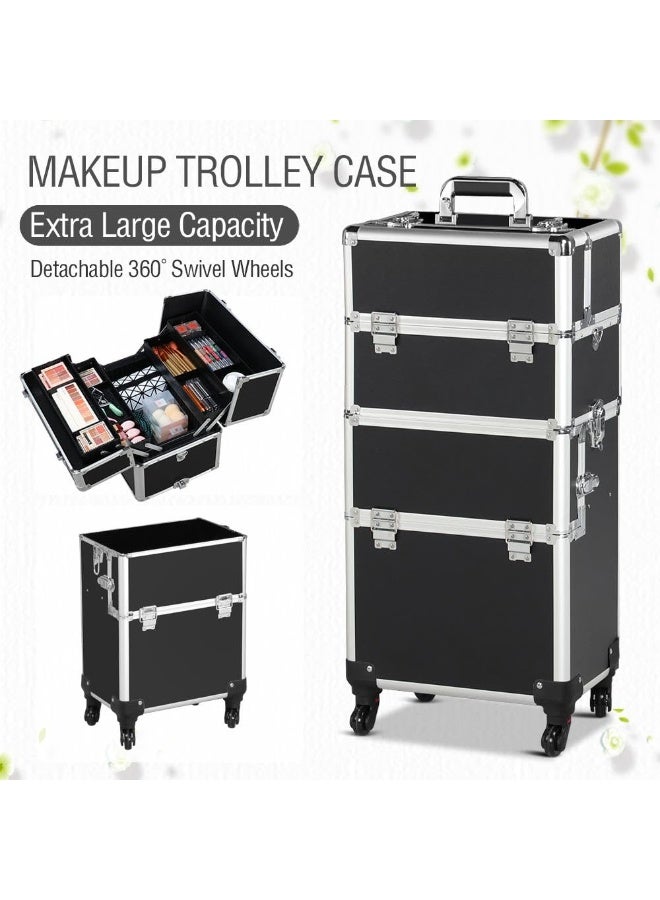 حقيبة مكياج احترافية بعجلات 3 في 1، مساحة تخزين كبيرة لفناني المكياج ومصففي الشعر وفنيي الأظافر (أسود فضي، AIGE-001-3 طبقات) - Image 2