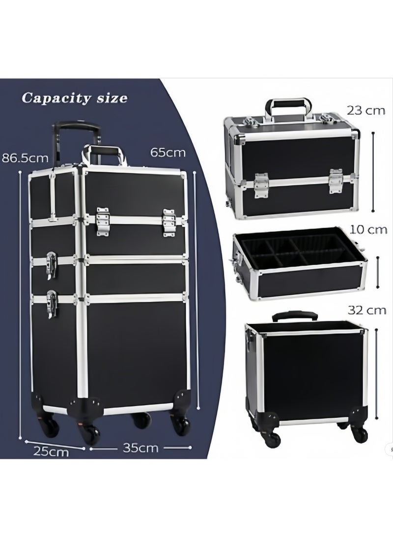 حقيبة مكياج احترافية بعجلات 3 في 1، مساحة تخزين كبيرة لفناني المكياج ومصففي الشعر وفنيي الأظافر (أسود فضي، AIGE-001-3 طبقات) - Image 3