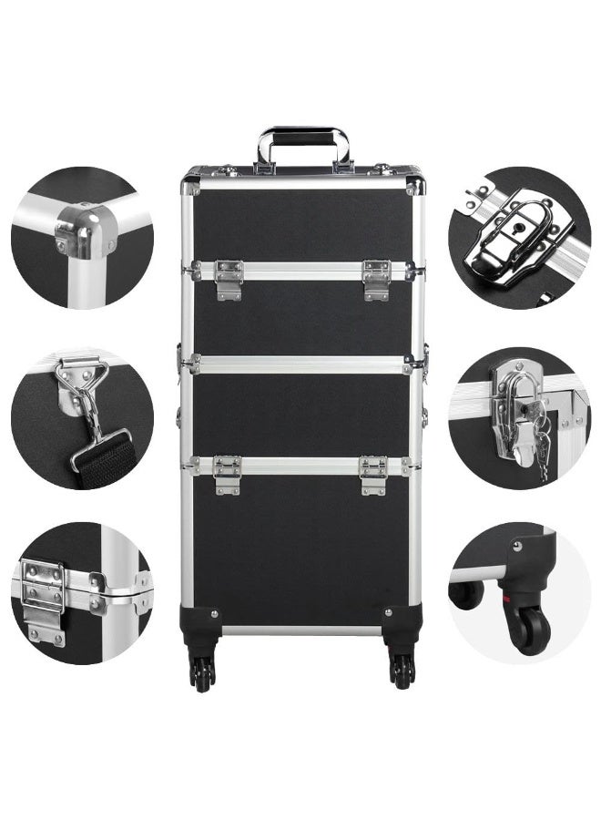 حقيبة مكياج احترافية بعجلات 3 في 1، مساحة تخزين كبيرة لفناني المكياج ومصففي الشعر وفنيي الأظافر (أسود فضي، AIGE-001-3 طبقات) - Image 4